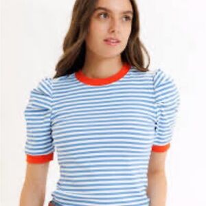 Striped puffer sleeve short sleeve Blue and White Stripped Top, orange accents